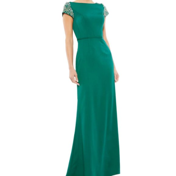 MAC DUGGAL 55718 BEADED CAP SLEEVE BATEAU COLUMN EMERALD GREEN GOWN sz 16 - Picture 1 of 8